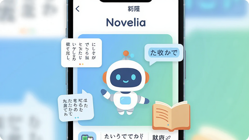 ����������һ�������ֻ�����չʾ��С˵�Ķ����棬��Ļ��������һ���ѺõĻ����˼�����������Χ�������������Ķ��յ����ֿ�Ƭ�ͷ�ҳ�鱾Ԫ�أ�����Ϊ���жԳƹ�ͼ���Ϸ����׷����������ơ�Novelia�������Ϊ���±�ƽ�廭�磬ϸ�ڰ�����͵����̽��䱳����Բ��ͼ�ꡢƯ���ķ������ݣ����������ɾ����޶���Ԫ��