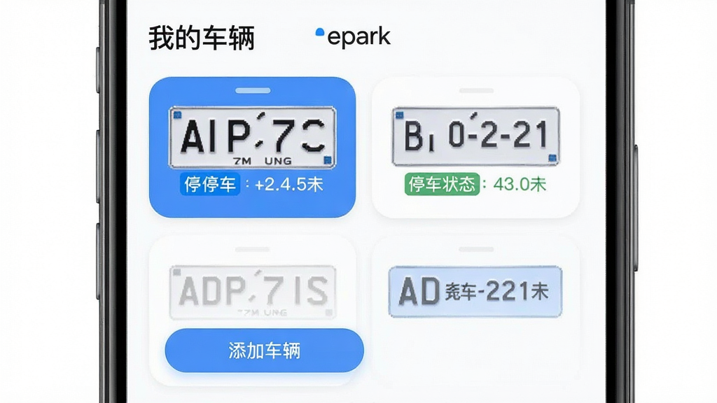 epark�೵���������棬�ֻ���Ļ��չʾ�������ƿ�Ƭ�������У�ÿ�ſ�Ƭ��ʾ���ƺ���ͣ��״̬��ǩ������Ϊ�����б��Ϸ����⡰�ҵĳ��������Ű�����ͻ����epark��Ӧ�����ƣ����Ϊ���Բ�ǿ�Ƭ��ƣ�ϸ�ڰ�����ɫѡ��״̬����ɫδѡ��״̬�����ӳ�����ť�����ʸ���ɾ��޶���Ԫ��