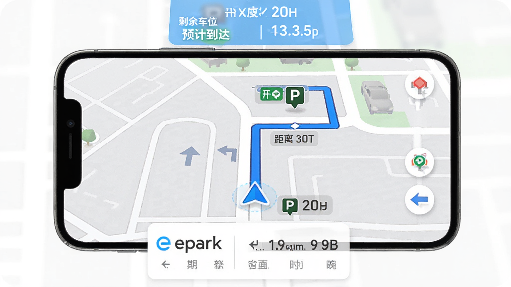 eparkӦ���ڵ�ͣ�����������棬����չʾ�ֻ���Ļ��һ����ɫ����·��ָ��ͣ������ڣ���Ļ�Ϸ���ʾʣ�೵λ��Ԥ�Ƶ���ʱ�䣬����Ϊȫ����ͼ�ӵײ���Ϣ��Ƭ���Ű�ͻ��·���롰epark��Ʒ�Ʊ�ʶ�����Ϊ�����������ϸ�ڰ���ת���ͷ��ͣ����Pͼ�ꡢ�������֣����ʸ���ɾ��޶���Ԫ��