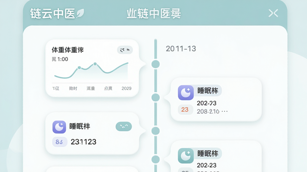 画面主体为个人健康档案时间轴页面,布局为纵向时间线串联多条记录卡片,排版清晰,风格为柔和圆角生活风,细节包含“链云中医”页面标题、体重曲线小图、睡眠图标、日期标签,画质清晰干净,无多余元素