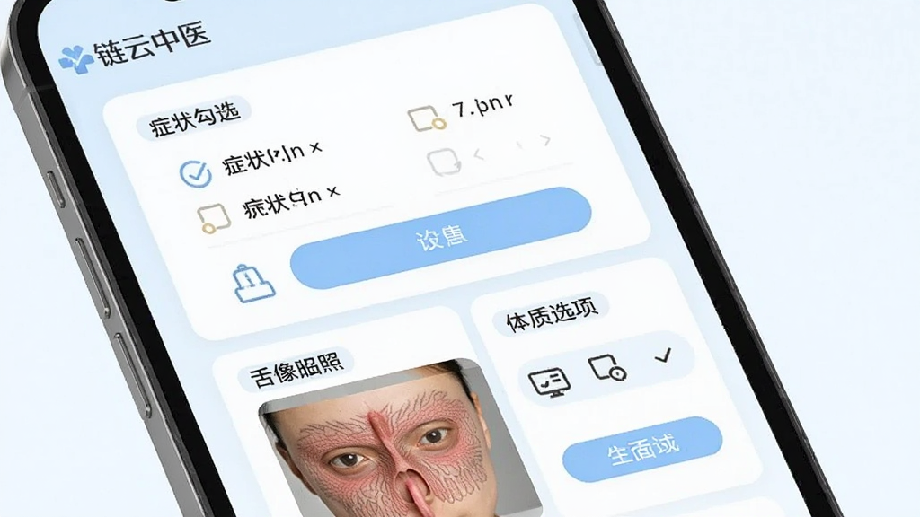 画面主体为手机屏幕内展示中医问诊记录表单,布局为上下分区,上方为症状勾选区域,下方为舌象拍照与体质选项,排版采用卡片式纵向排列,风格为清新浅色医疗风,细节包含“链云中医”软件标识、柔和蓝色按钮、简洁线性图标,画质清晰干净,无多余元素