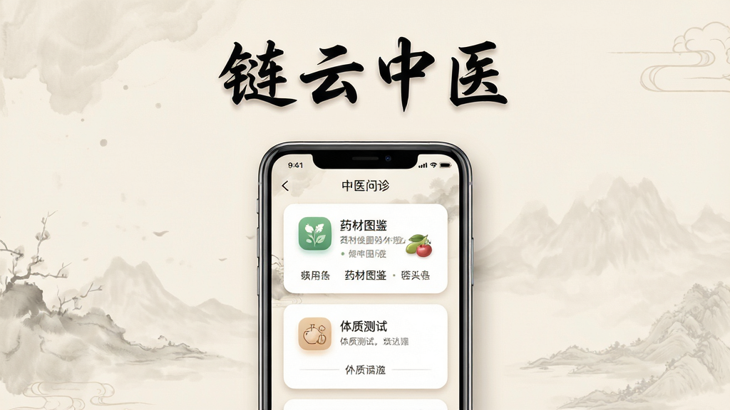 画面主体为一款中式风格的手机应用界面展示,布局采用中心对称构图,上方为软件名称“链云中医”书法字体,中部为手机屏幕内呈现中医问诊、药材图鉴、体质测试三个功能卡片,排版整齐有序,风格为现代中式简约风,细节包含淡雅水墨纹理、浅米色背景、圆角图标与柔和阴影,画质清晰干净,无多余元素