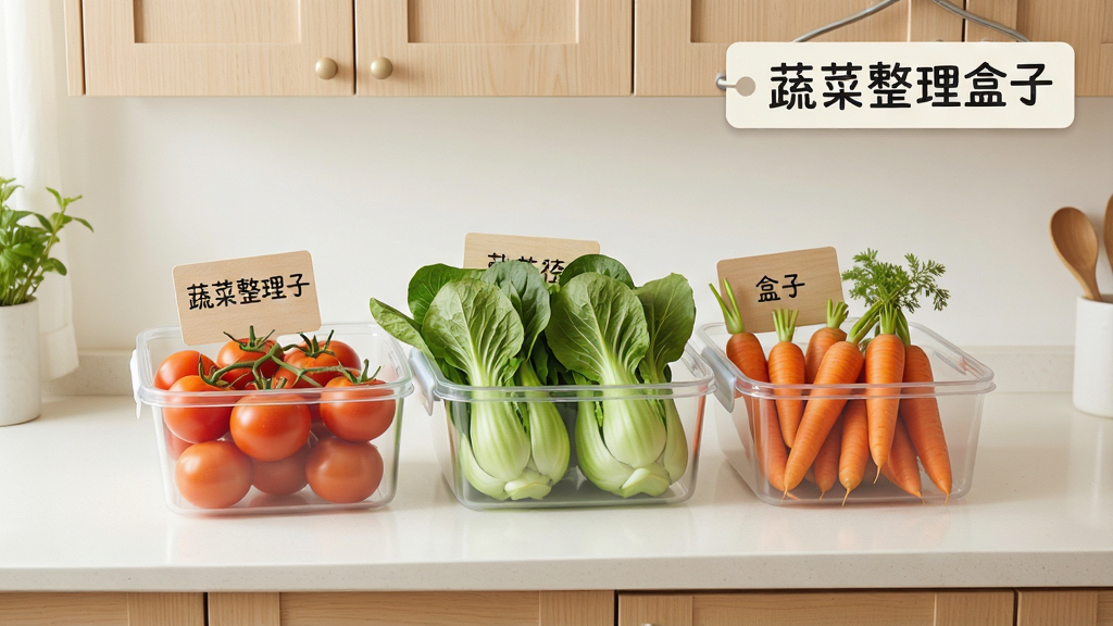 蔬菜整理盒子应用主界面展示,画面中央是一个明亮的厨房台面,台面上整齐摆放着分类收纳盒,盒子里分别装着番茄、青菜、胡萝卜等新鲜蔬菜,每个收纳盒旁有简洁的标签卡片,背景是浅色木质橱柜,整体风格清新自然,排版干净有序,细节丰富,画质清晰,画面中带有“蔬菜整理盒子”文字标识,无多余元素