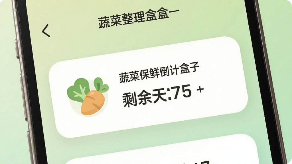 蔬菜整理盒子保鲜提醒功能展示,画面为手机界面局部放大,界面中显示一条蔬菜保鲜倒计时提醒卡片,卡片上有蔬菜图标与剩余天数,背景为浅绿色渐变,风格温和友好,排版简洁,画质清晰,画面中带有“蔬菜整理盒子”字样,无杂乱元素