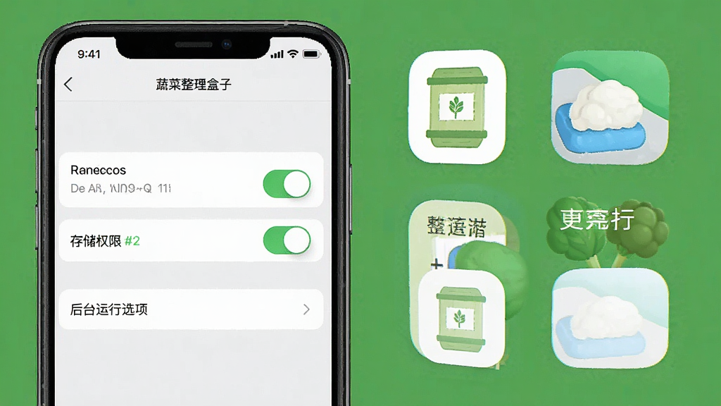 蔬菜整理盒子安装与权限设置示意图,画面为手机设置界面与软件图标并列展示,界面中包含存储权限开关与后台运行选项,风格清晰直观,排版工整,细节明确,画质干净,画面中带有“蔬菜整理盒子”文字,无多余元素