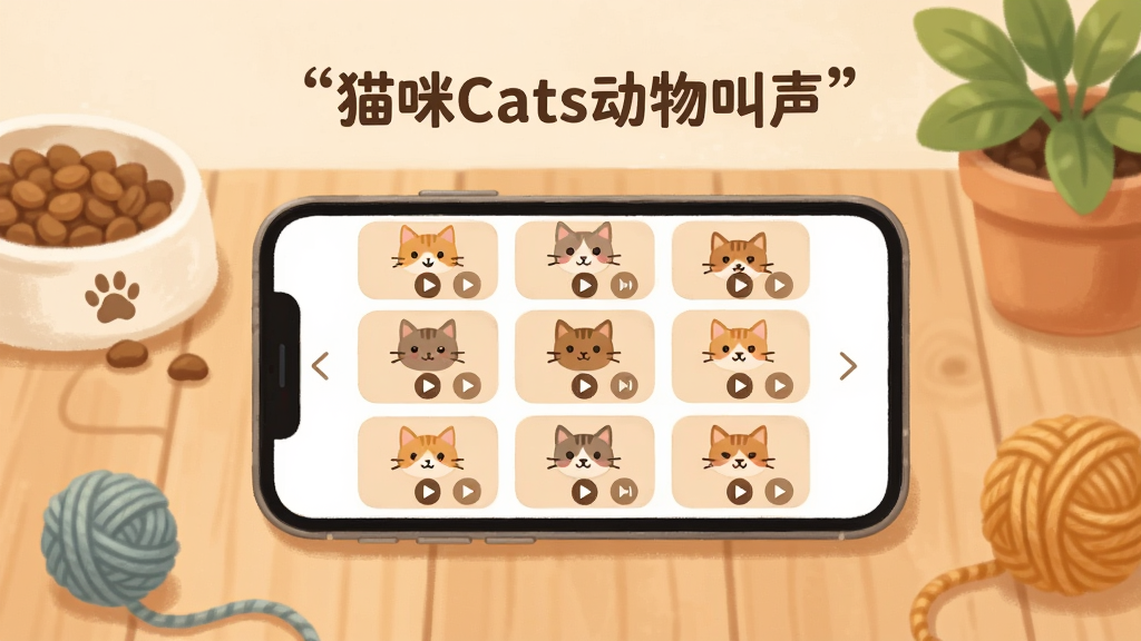 主体为一部平放在木质桌面上的智能手机,屏幕显示猫咪Cats动物叫声软件的叫声选择网格界面,每个网格内配有猫咪表情图标和播放按钮,布局为三列网格排列,排版整齐有序,风格为温馨居家插画风,细节包含桌面上的猫粮碗、毛线球和绿植点缀,画质柔和清晰,画面干净整洁无杂乱元素,屏幕上方用引号标注文字“猫咪Cats动物叫声”。