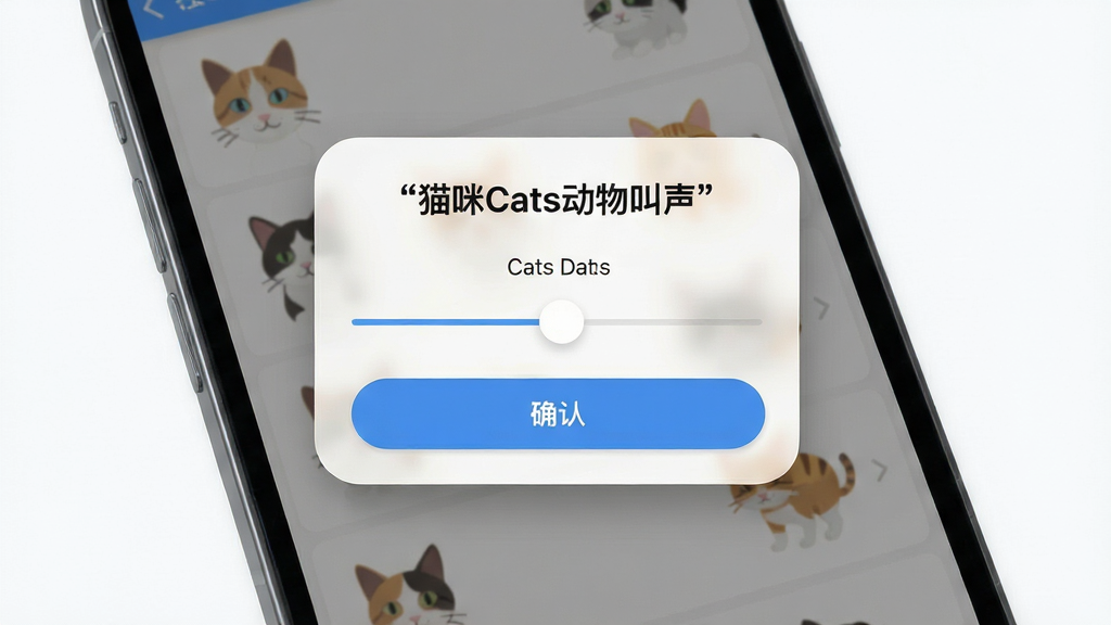 主体为一部手机屏幕特写,显示猫咪Cats动物叫声软件的定时关闭设置弹窗,弹窗内有时长选择滑块和确认按钮,背景为软件主界面的猫咪叫声列表,布局为弹窗居中悬浮,排版层次分明,风格为现代简约扁平设计,细节包含半透明遮罩、圆角弹窗、柔和阴影效果,画质清晰锐利,画面干净无多余装饰,弹窗标题用引号标注文字“猫咪Cats动物叫声”。