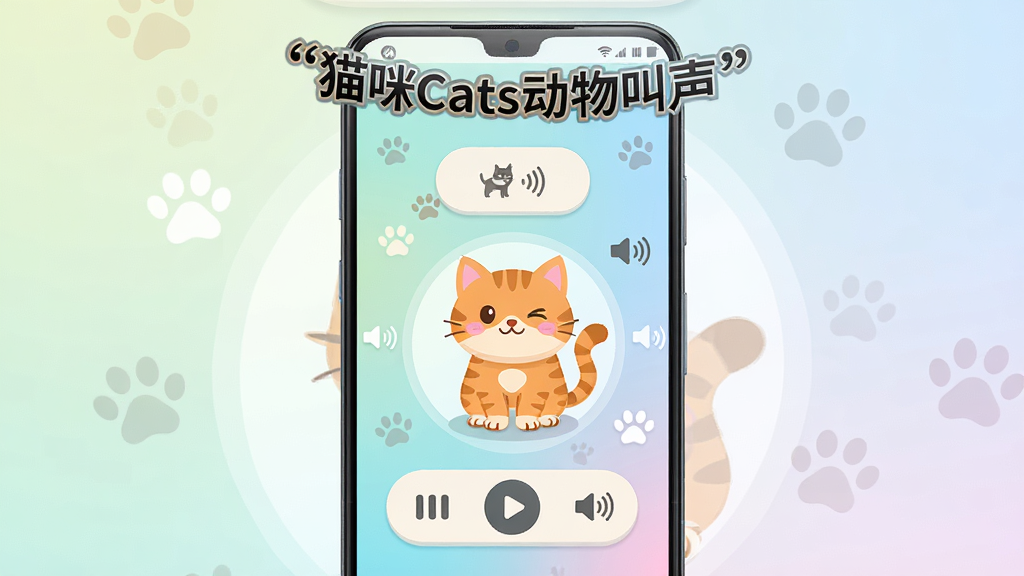 主体为一台竖屏安卓手机,屏幕上显示猫咪Cats动物叫声软件的主界面,界面中央是一只可爱的橘猫卡通形象,周围环绕多个猫咪叫声播放按钮和音量波形图标,布局居中对称,排版干净清晰,风格为清新明亮的扁平化UI插画,细节包含猫爪印装饰、柔和渐变背景、圆角卡片式按钮,画质高清细腻,画面干净无多余元素,图片上方用引号标注文字“猫咪Cats动物叫声”。