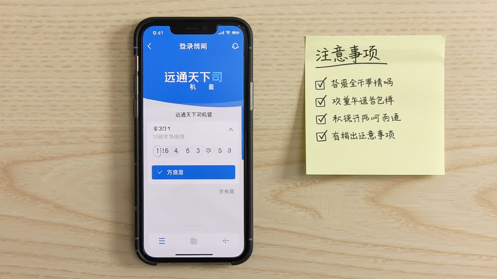 主体为一部手机显示远通天下司机端登录页面旁边放置一张写有注意事项的便签纸,布局为手机与便签左右并列、背景为浅木色桌面,排版为手机屏幕居中便签纸右上角,风格为生活化实用场景,细节包括便签上勾选清单、手机屏幕验证码输入框、桌面纹理,画质清晰、干净、无多余元素