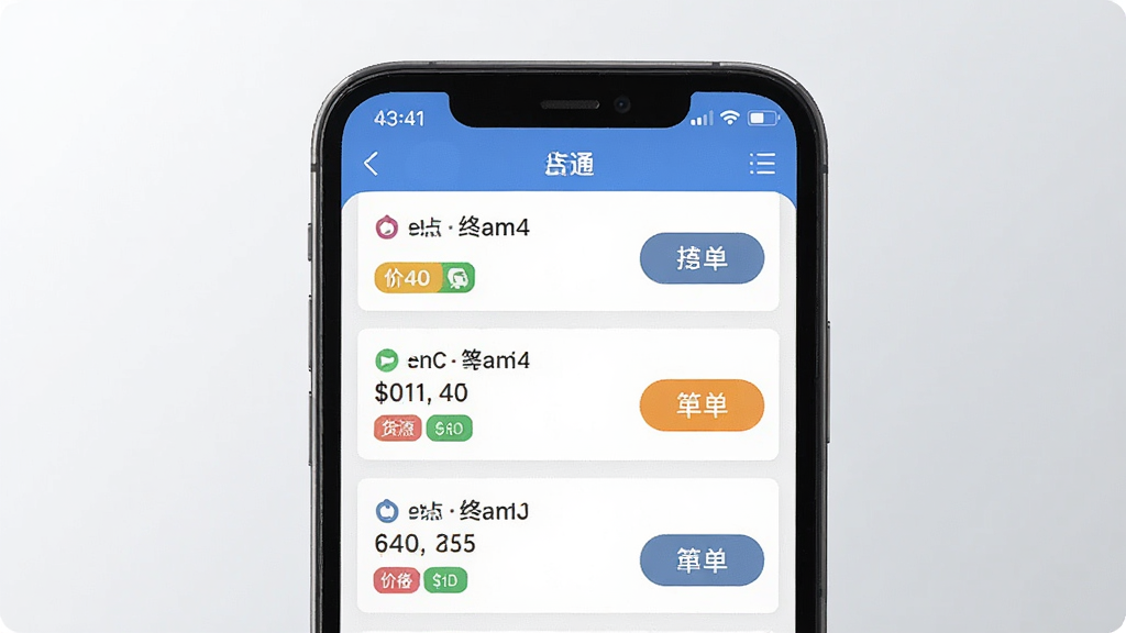 主体为手机屏幕特写展示远通天下司机端货源列表页面,布局为屏幕占画面主体、背景为浅灰色渐变,排版为纵向卡片式列表每张卡片含起点终点与价格,风格为扁平化UI设计展示,细节包括抢单按钮高亮、货源标签彩色区分、状态栏时间显示,画质清晰、干净、无多余元素
