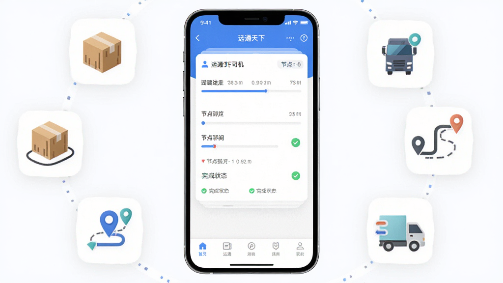 主体为手机界面展示远通天下司机端运输任务管理页面,布局为手机居中、四周环绕物流元素图标如货箱与路线标识,排版为顶部状态栏加中部任务卡片加底部导航栏,风格为现代简洁科技风,细节包括进度条、节点时间戳、完成状态对勾标记,画质高清、干净、无多余元素