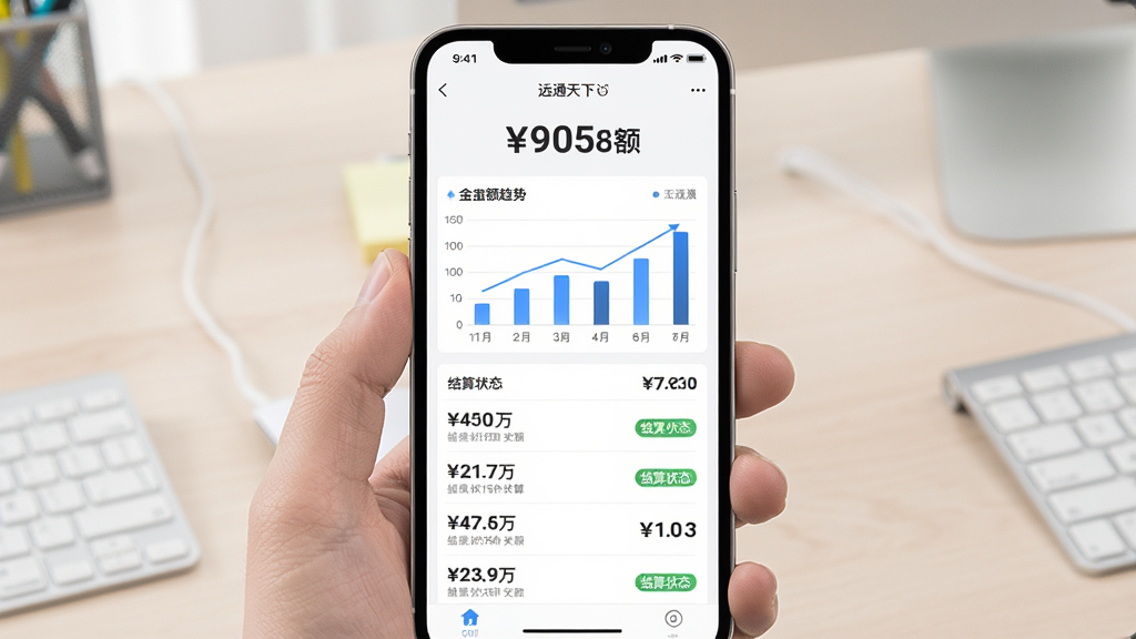 主体为手机屏幕显示远通天下司机端收益明细图表页面,布局为手机竖屏居中、背景为浅色办公桌面,排版为上部金额汇总数字下部列表式明细条目,风格为清爽数据可视化风格,细节包括柱状图趋势、金额数字加粗、结算状态标签,画质清晰、干净、无多余元素