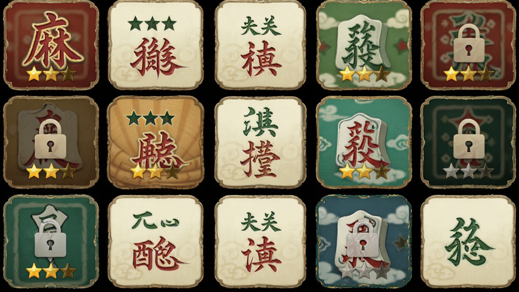 ����Ϊ�齫�ʵ���Ϸ�ؿ�ѡ����棬����Ϊ����״���еĹؿ�ͼ�꣬�Ű�����������ʽչʾ�����Ϊ�����ŵ���ѧ���ִ�UI��ϣ�ϸ�ڰ�����ͬ�Ѷȹؿ����Ǽ���ʶ������ͼ�꣬���������ɾ��޶���Ԫ��