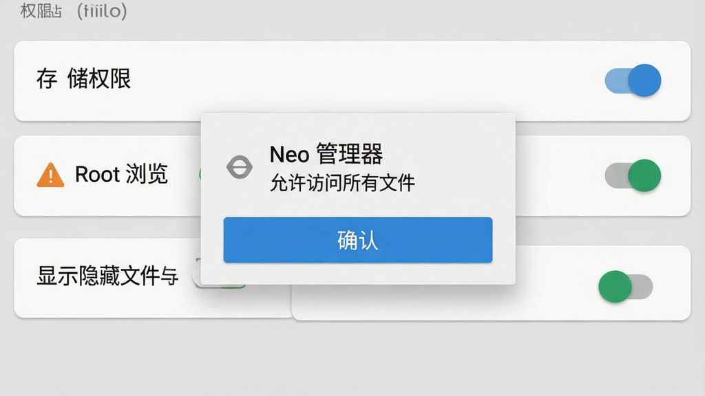 一张展示 Neo 管理器 权限设置与避坑提示的手机界面图,主体为安卓手机屏幕,布局上为设置列表含存储权限、Root 浏览、显示隐藏文件开关,中部弹出权限确认弹窗,排版清晰,风格为浅灰卡片式 UI,细节包括开关状态、警告图标、确认按钮;画质高清,画面干净,无多余元素,界面中可出现文字「Neo 管理器」「允许访问所有文件」