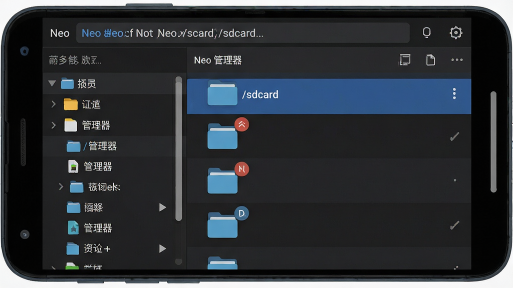 一张展示 Neo 管理器 双栏文件浏览界面的示意图,主体为安卓手机屏幕,布局为左栏目录树、右栏文件列表,排版上下分布地址栏与操作栏,风格为深色扁平化 UI,细节包括高亮的当前路径、文件夹图标、文件类型角标、滚动条;画质清晰,画面干净,无多余元素,界面中可出现文字「Neo 管理器」「/sdcard」