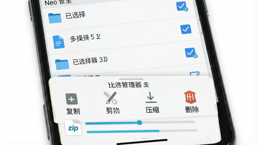 一张展示 Neo 管理器 批量操作与压缩功能的界面图,主体为安卓手机屏幕,布局上文件列表带多选勾选框,底部弹出操作条含复制、剪切、压缩、删除图标,排版紧凑,风格为浅色卡片式 UI,细节包括选中数量提示、压缩进度条、zip 图标;画质高清,画面干净,无多余元素,界面中可出现文字「Neo 管理器」「已选择 5 项」