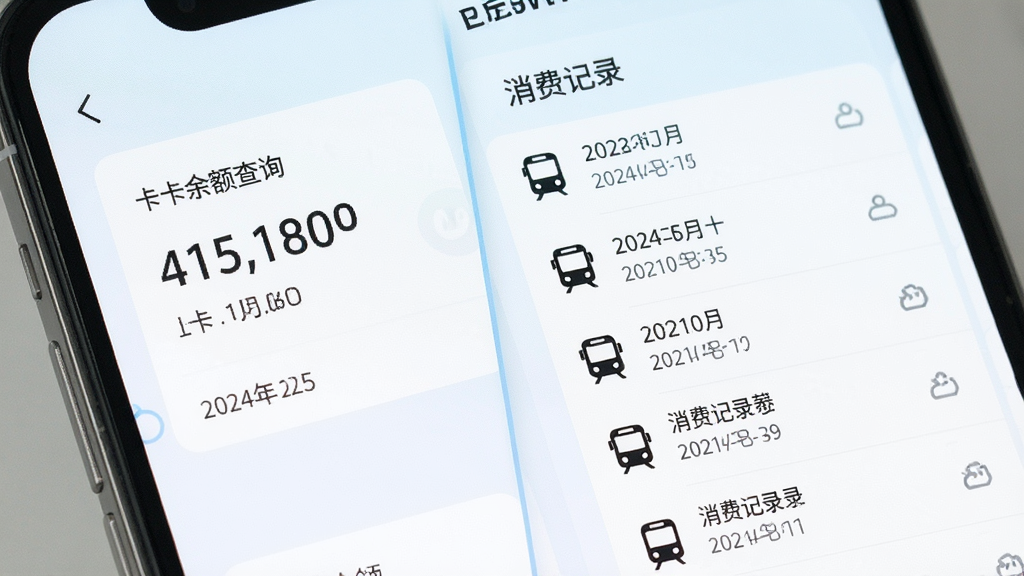 主体为手机界面展示一卡通余额查询与消费记录列表,布局为左右分栏左侧卡片右侧列表,排版整齐,风格为清新浅色商务风,细节包含余额数字、日期条目、地铁公交小图标,画质清晰干净无多余元素