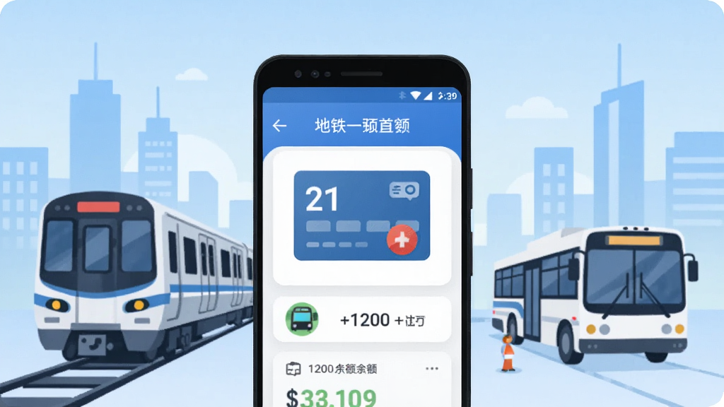 主体为一部安卓手机屏幕显示地铁公交一卡通应用首页界面,布局为居中手机正面展示,背景为浅蓝渐变城市交通场景,排版简洁清晰,风格为扁平化科技插画风,细节包含地铁列车、公交车、交通卡图标与余额数字,画质高清干净无多余元素