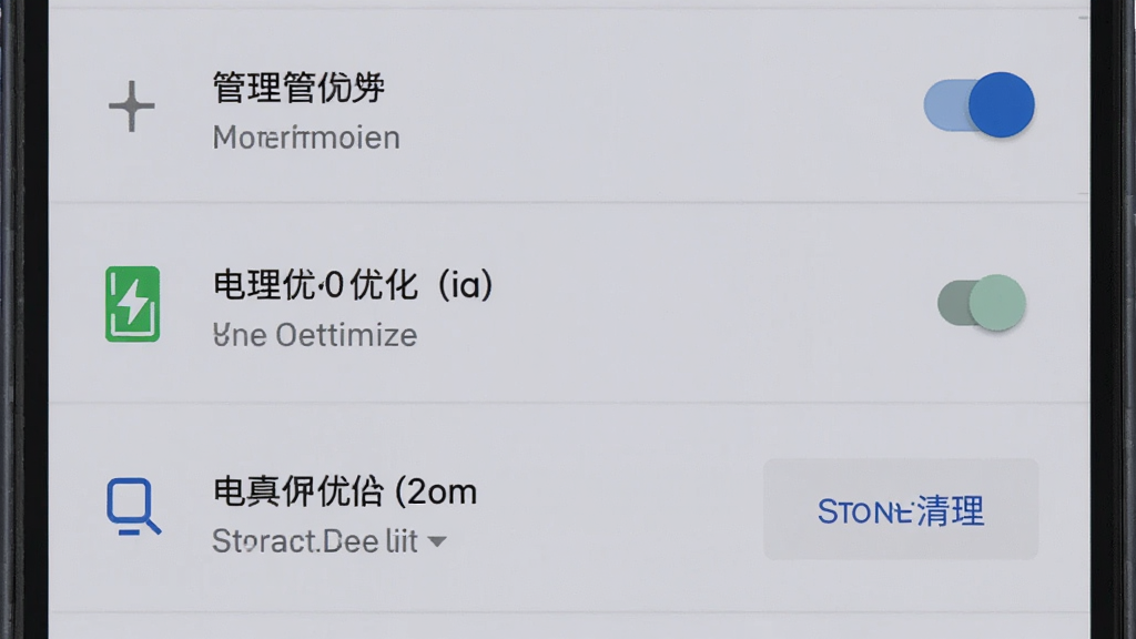 主体为安卓手机设置界面展示权限管理与电池优化选项,布局为上下排列的设置列表,排版清晰,风格为简约商务浅灰质感,细节包含权限开关、电池优化图标、存储清理按钮,画质高清干净无多余元素