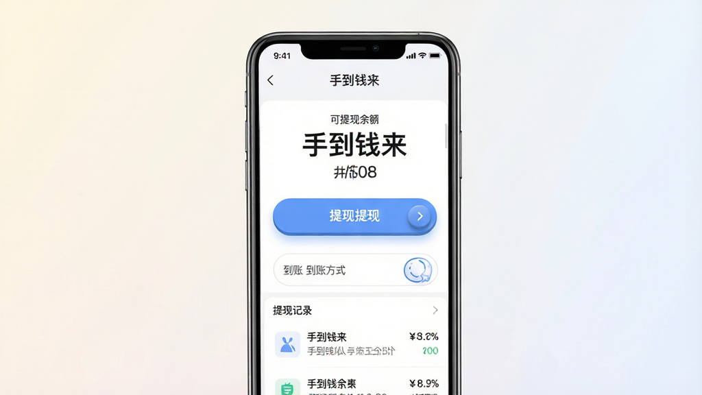 一张手机提现页面展示图,画面中央为竖屏手机屏幕,屏幕内显示