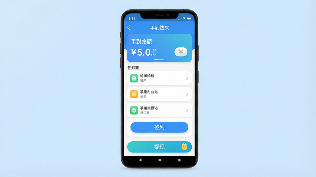 一张手机应用主界面展示图,画面中央是一部竖屏安卓手机,屏幕内显示
