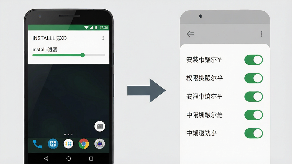 一张手机应用安装与权限设置示意图,画面左侧为安卓手机安装界面,右侧为权限管理开关面板,中间用箭头连接,背景为浅灰纯色,风格为简洁信息图,细节包括安装进度条、权限开关图标、文字标签清晰,画质清晰,干净,无多余元素