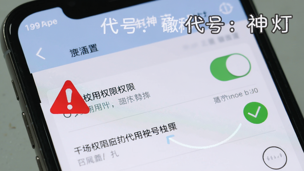 画面为一部手机屏幕特写,屏幕显示应用权限设置页面,旁边有红色警示图标与勾选标记,整体布局为教程示意风格,细节突出权限开关与提示文字,画质清晰,干净无多余元素,图片中写