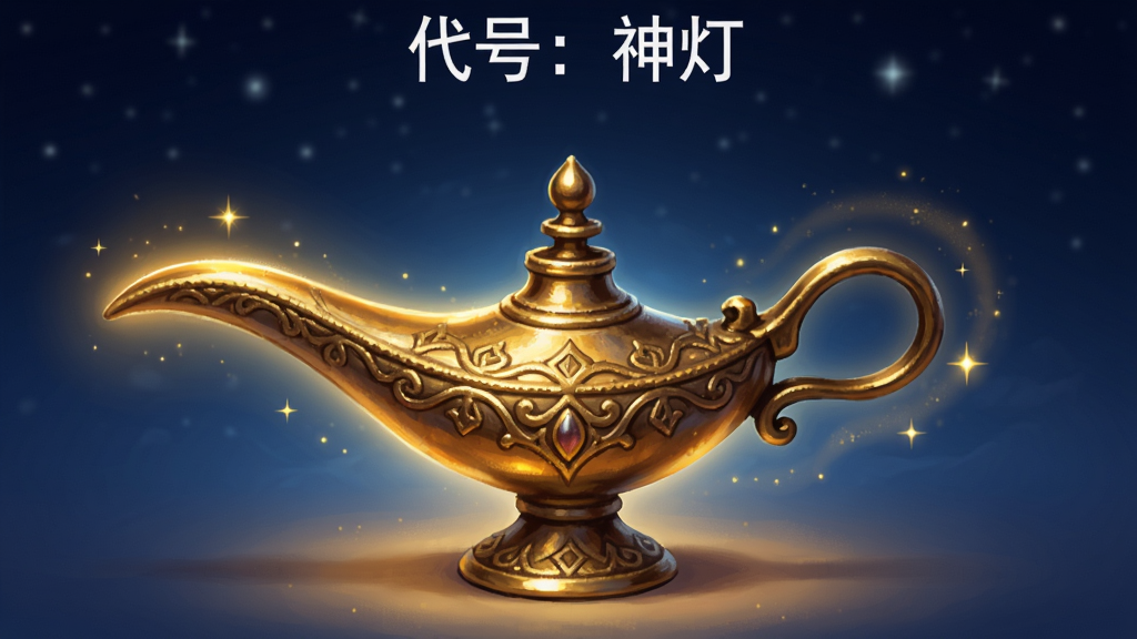 画面中央放置一盏散发温暖金色光芒的复古神灯,灯身带有精致花纹,周围环绕柔和光晕与细碎星点,背景为深蓝渐变夜空,整体布局居中对称,风格为奇幻插画,细节突出神灯金属质感与光效,画质高清,干净无多余元素,图片上方居中写