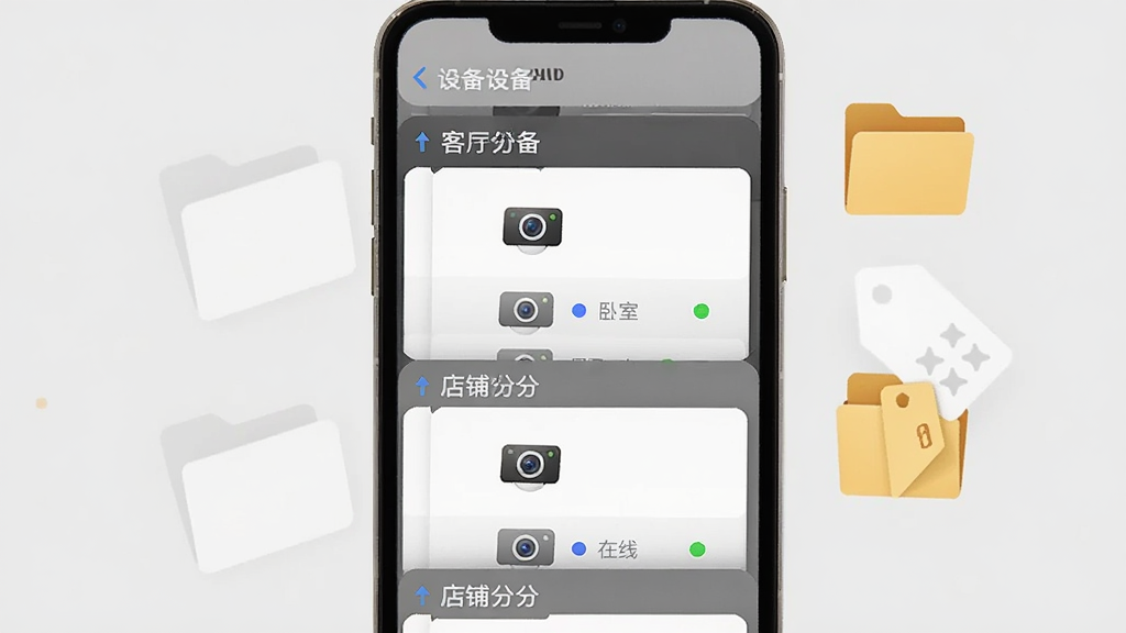 画面展示一个手机界面,界面中设备按客厅、卧室、店铺三个分组排列,每组下方有摄像头图标与在线状态圆点,手机旁边漂浮文件夹图标与标签图标,背景为浅灰色,布局为纵向列表展示,风格为清爽界面示意图,细节包含分组标题栏与设备卡片,画质清晰干净无多余元素
