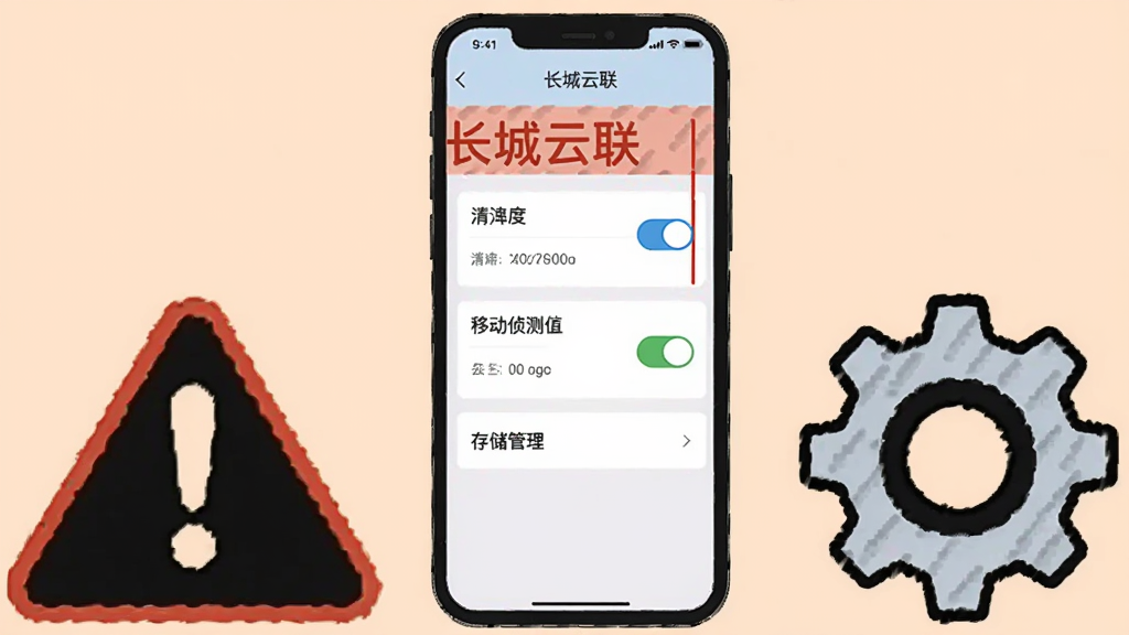 一部手机屏幕显示长城云联应用设置界面,界面中包含清晰度切换、移动侦测开关与存储管理选项,手机旁边放置一个警告图标与一个齿轮图标,背景为浅橙色,布局为手机居中、图标分列两侧,风格为简洁提示插画,细节包含界面文字区块与开关按钮,画质清晰干净无多余元素