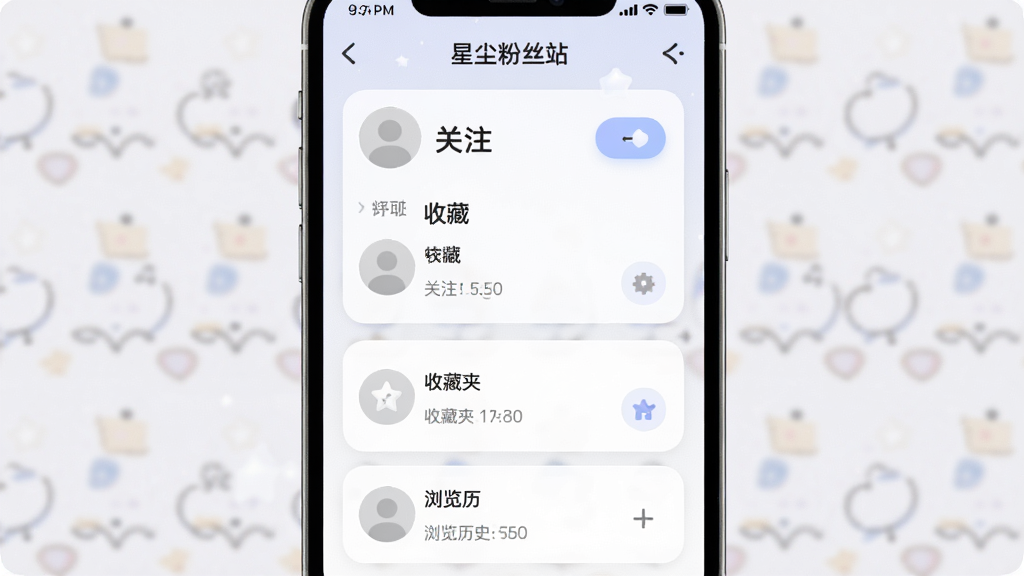 �ֻ�Ӧ�ý���չʾ���ǳ���˿վ����������ҳ�棬�����а�����ע�б����ղؼ��������ʷ����ģ�飬����Ϊ���������Ƭʽ��ƣ����Ϊ���Բ��ǳɫϵ��ϸ�ڰ���ͷ��ռλ��ͼ�갴ť���������⣬�����������ɾ����޶���Ԫ��