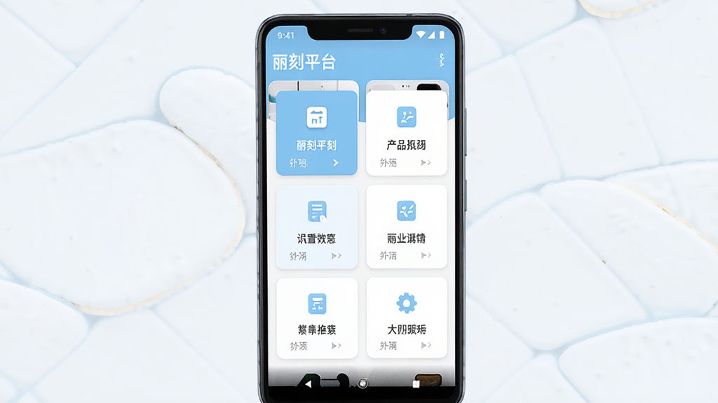 一张展示丽刻平台手机端主界面的产品预览图,画面中央为竖直摆放的安卓手机,屏幕内呈现卡片式功能入口布局,顶部显示软件名称“丽刻平台”,整体采用浅蓝与白色配色,风格简洁现代,细节清晰,画质干净,无多余元素
