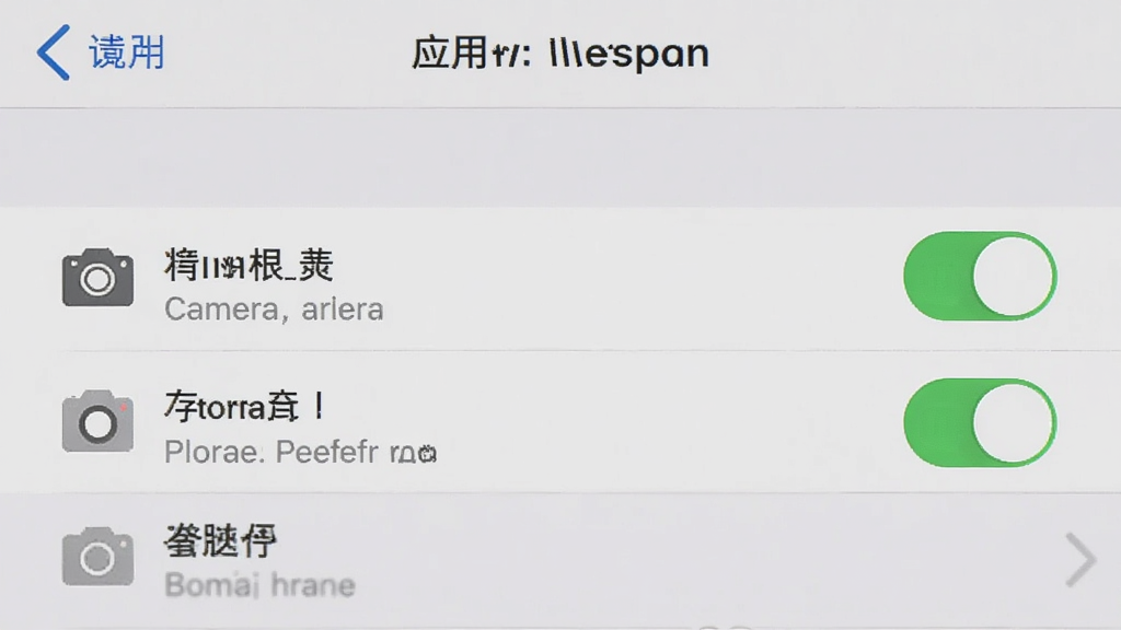 手机设置界面中应用权限管理页面,展示相机与存储权限开关处于开启状态,界面布局清晰,风格简洁实用,细节包含权限列表与开关按钮,画质干净无多余元素