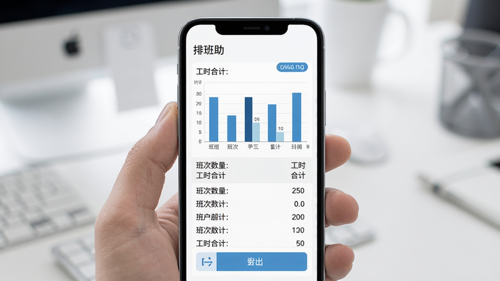 排班助手工时统计报表界面展示,手机屏幕显示柱状图与数据列表,包含班次数量与工时合计,画面有导出按钮图标,风格商务简洁,布局规整,画质清晰干净