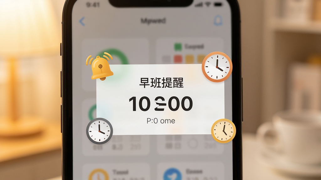 排班助手班次闹钟提醒功能展示,手机屏幕弹出闹钟提醒界面,显示早班提醒字样与时间,周围有铃铛与时钟图标点缀,背景柔和,风格温馨实用,画质清晰,无多余元素