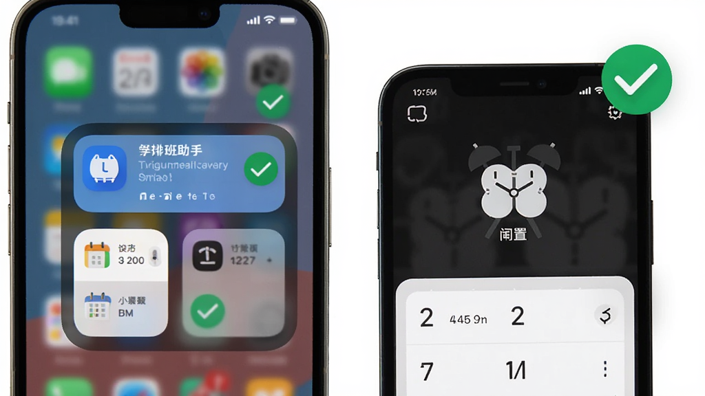 排班助手使用技巧示意图,画面展示手机桌面小组件与闹钟设置界面,旁边有对勾与提示图标,风格简洁明快,布局清晰,画质干净无多余元素