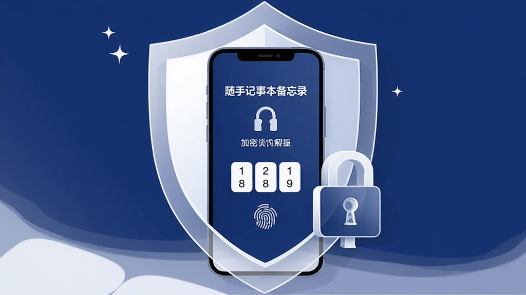 主体为一部手机被半透明盾牌与锁形图标包裹,屏幕显示“随手记事本备忘录”的加密解锁界面,布局为手机居中、盾牌环绕,排版强调安全感,风格为简约安全主题插画,细节包含深蓝与白色配色、密码输入框、指纹图标,画质清晰、画面干净、无多余元素