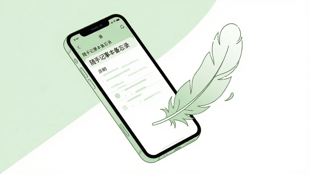 主体为一部手机与一片轻盈的羽毛并排悬浮,手机屏幕显示“随手记事本备忘录”的干净笔记列表页,布局为对角线构图、羽毛象征轻量,排版简洁留白,风格为极简清新插画,细节包含浅绿与白色调、无广告标识、流畅线条,画质高清、画面干净、无多余元素