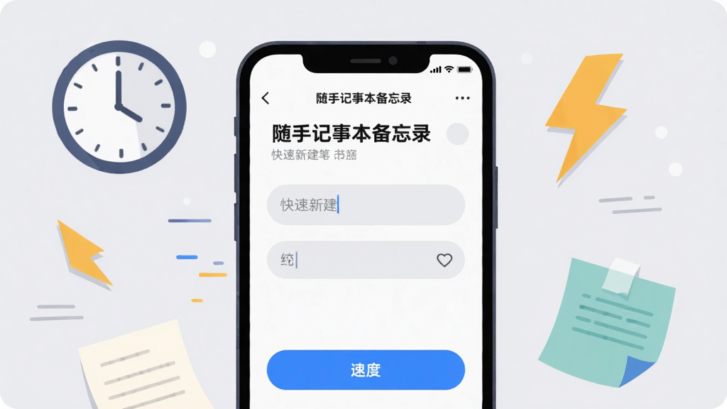 主体为一部手机屏幕特写,屏幕内展示“随手记事本备忘录”的快速新建笔记界面,布局为手机居中、周围环绕时钟、闪电与便签纸元素,排版突出速度感,风格为现代科技扁平插画,细节包含蓝色高亮按钮、淡灰背景、圆角输入框,画质清晰、画面干净、无多余元素