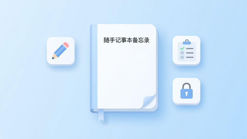 主体为一本悬浮在浅蓝色渐变背景上的白色极简记事本,封面印有“随手记事本备忘录”字样,布局为居中构图,左侧漂浮铅笔图标、右侧漂浮清单与锁形图标,排版整洁对称,风格为清新扁平化UI插画,细节包含柔和阴影、圆角卡片、淡蓝与白色主色调,画质高清、画面干净、无多余元素