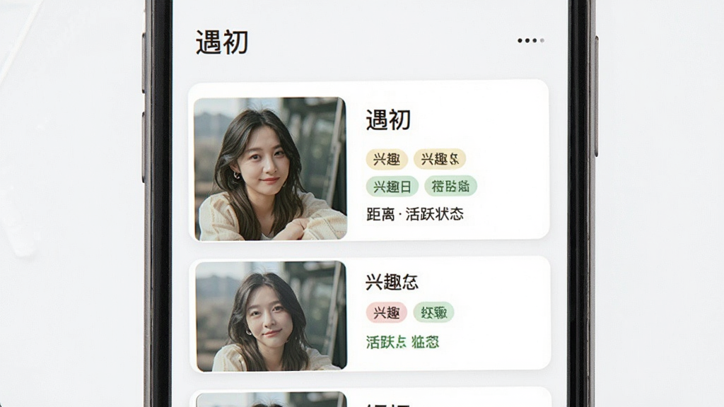 一张展示兴趣匹配功能的界面图,主体为手机屏幕中央的匹配卡片,布局为卡片式纵向排列,排版左图右文,风格为清新社交应用风,细节包含“遇初”文字标识、兴趣标签小图标、距离与活跃状态提示,画质清晰干净无多余元素