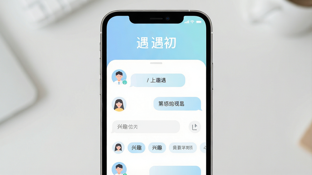 一张手机屏幕展示社交应用界面,主体为手机居中摆放,布局为上下结构上方显示应用名称“遇初”与简约Logo,下方为聊天列表与兴趣标签卡片,排版整齐留白充足,风格为清新现代扁平化设计,细节包含圆角头像、柔和渐变背景、浅色气泡对话框,画质高清干净无多余元素,整体色调以浅蓝与白色为主