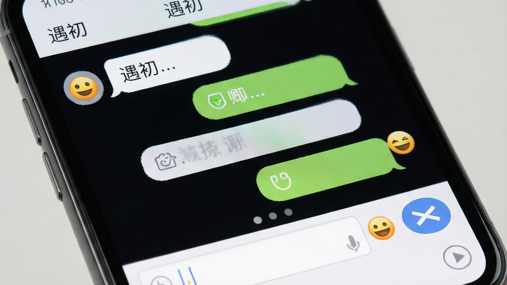 一张聊天界面截图风格图片,主体为手机屏幕显示对话气泡,布局为上下排列的聊天记录与底部输入框,排版简洁,风格为现代即时通讯界面,细节包含“遇初”顶部栏、圆角气泡、表情按钮与发送键,画质高清干净无多余元素