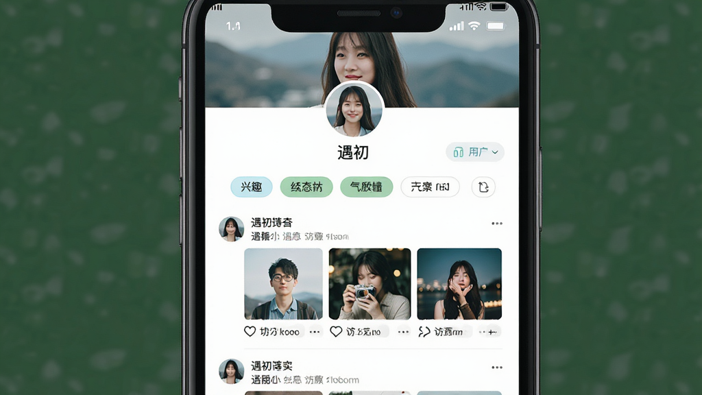 一张个人主页界面图片,主体为手机屏幕展示用户资料卡,布局为顶部头像横幅加下方标签与动态列表,排版居中对称,风格为清新社交主页,细节包含“遇初”应用名、兴趣标签胶囊、动态缩略图与访客入口,画质高清干净无多余元素