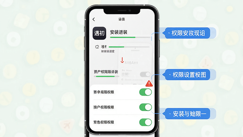 一张手机应用安装与权限设置示意图,主体为手机屏幕展示安装进度与权限开关列表,布局为纵向步骤式,排版清晰分区,风格为教程图解风,细节包含“遇初”应用图标、权限开关按钮、红色警示标记与蓝色提示标签,画质高清干净无多余元素