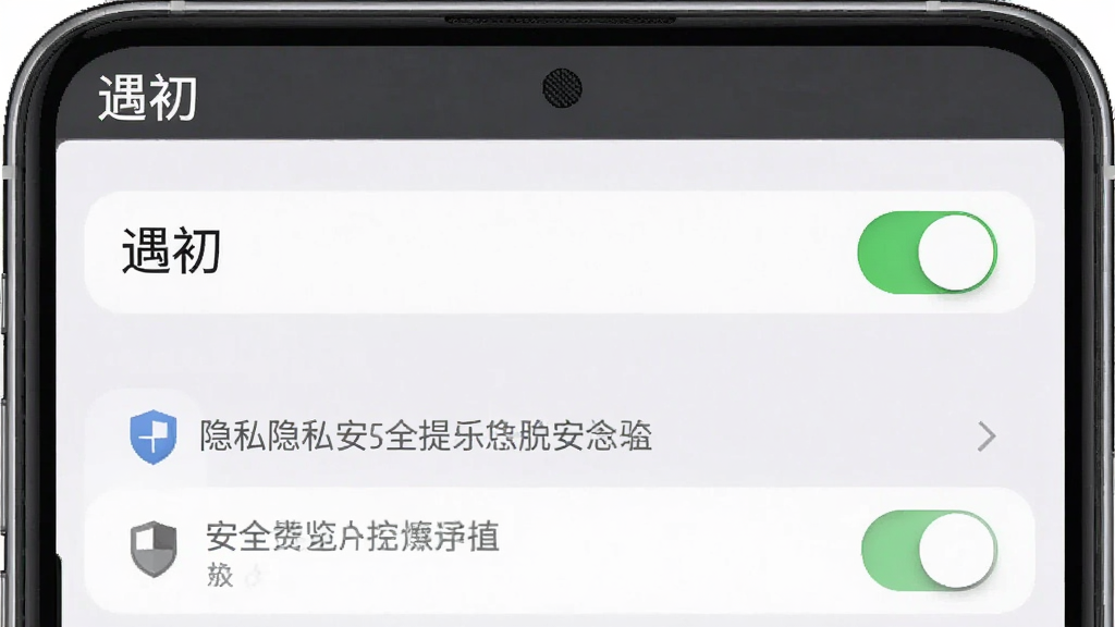 一张隐私设置界面图片,主体为手机屏幕展示设置选项列表,布局为纵向列表式,排版左文右开关,风格为简约工具类界面,细节包含“遇初”标题、隐私开关按钮、安全提示文字与盾牌图标,画质清晰干净无多余元素