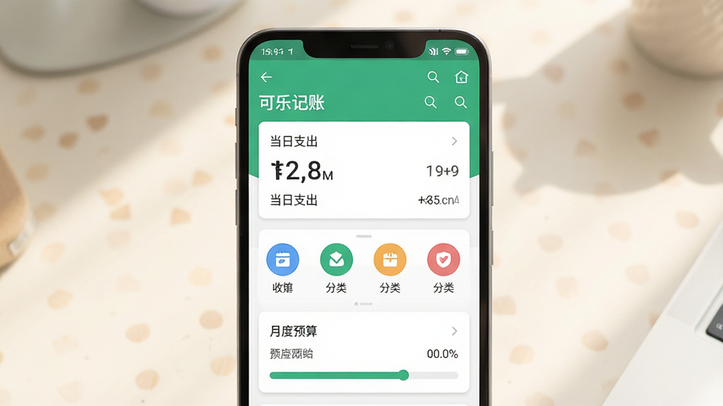 一张手机应用界面展示图,画面中央是一部竖屏安卓手机,屏幕上显示“可乐记账”主界面,包含当日支出卡片、分类图标与月度预算进度条,背景为浅色桌面与柔和光影,整体采用清新简约的扁平化风格,细节清晰,画质干净,无多余元素