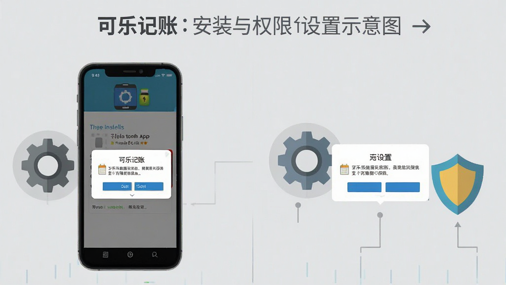 一张“可乐记账”安装与权限设置示意图,画面中手机屏幕显示应用安装界面与权限弹窗,旁边配有齿轮与盾牌图标,布局左右分栏,风格扁平化信息图,细节清晰,画质干净,背景为浅灰纯色
