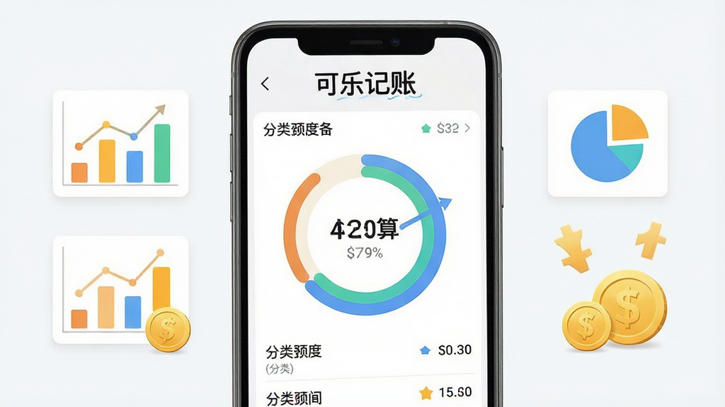 一张“可乐记账”预算管理功能展示图,画面中手机屏幕显示环形预算进度图与分类额度列表,旁边配有简洁的图表元素与金币图标,布局居中对称,风格清爽明快,细节精致,画质清晰,背景干净无杂乱