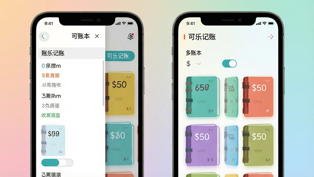 一张“可乐记账”多账本切换界面展示图,画面中手机屏幕呈现账本列表与切换侧边栏,多个彩色账本卡片整齐排列,背景为柔和渐变色调,风格现代简洁,细节丰富,画质干净,无多余装饰元素
